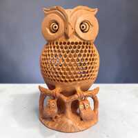 Hand carved Wooden Owl Family with Jaali Work & Baby Owls| Indian Lattice Art Home Office Decor 