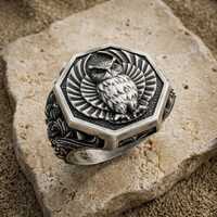 Owl Ring 925 Sterling Silver, Handcrafted Totem Signet Band, Floral Carved Octagon Ring, Antique Ani