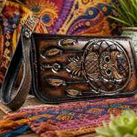 Handcrafted Owl Dreamcatcher Leather Wristlet Purse Boho Southwestern Clutch Wallet
