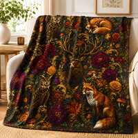 Velveteen Throw Blanket, Woodland Deer Fox Owl Dark Floral Cottagecore Forest Decor Gift