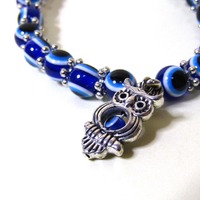 Blue Evil Eye bracelets with Hamsa and Owl Charms – Beaded stretch - set of two.