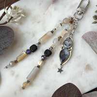 Mystic Barn Owl Agate Gemstone Bag Charm Keychain