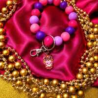 Pink & Purple Owl Silicone Beaded Wristlet Keychain