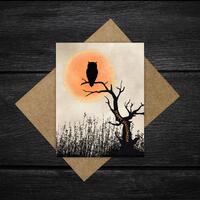 Owl Halloween Card Set of 3 or 6: Vintage Woodland Moon Cards, Spooky Night Nature Greeting Cards, C