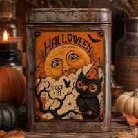 Vintage Halloween Owl Moon Label, Rustic Primitive Fall Decor (Digital Download)