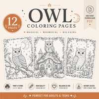 Owl Coloring Pages for Adults | 12 Printable PDF | Moon and Nature Art