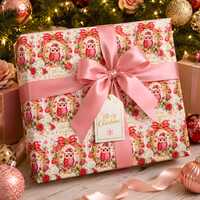 Christmas Wrapping Paper Vintage Red Owl Gift Wrap Rose Gold Frame