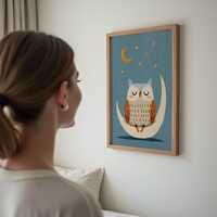 Sleepy Owl Moon Nursery Print | Dreamy Night Sky Art (Digital Download)