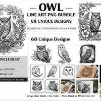 Owl Line Art PNG Bundle, 50+ Detailed Designs, Laser Engraving, Cricut (Digital Download)