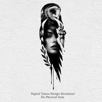 Owl Female Portrait Tattoo Design | Blackwork Mythology Stencil (Digital Download)