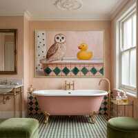 Owl and Duck Bath Time Oil Painting, Original Animal Art, Whimsical Large Folk Art, Bathroom Decor
