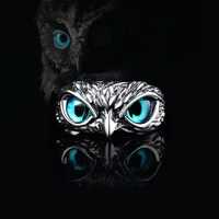 Vintage Gothic Owl Eye Adjustable Open Ring, 3D Carved, Blue Demon Eye Silver Brass Men Women Statem
