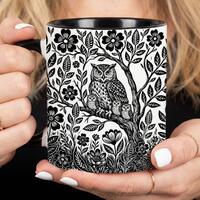 Owl Mug, Baby Owl Coffee Mug, Forest core Coffee Cup, Black and White Woodland Owl Mug, Nature Lover