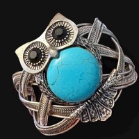 Boho Silver Owl Bangle, Detailed Owl Cabochon Cuff, Dyed Howlite Statement Bracelet, Celtic Interlo
