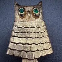 Vintage Avon Gold Tone Owl Perfume Brooch, Green Rhinestone Eye Fragrance Pin