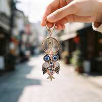 Gold-Tone Owl Keychain | Rhinestone Evil Eye Bag Charm, Crystal Amulet Pendant