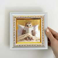 Reading Owl Oil Painting, Whimsical Animal Painting, Miniature Original Artwork