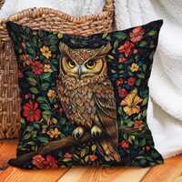 Owl Pillow Cover, Floral Owl Throw Pillow, Woodland Bird Cushion, Vintage Botanical Owl Decor, Rusti