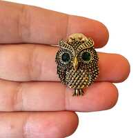 Vintage Jewelry Owl Pin with Green Rhinestone Eyes Owl Jewelry