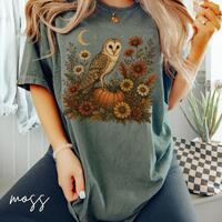 Barn Owl Shirt, Vintage Halloween Tee, Cottagecore Fall Graphic, Woodland Owl Shirt, Autumn Pumpkin 