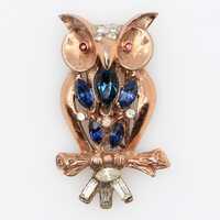 Vintage Adolph Katz Coro Craft Sterling Owl Rhinestone Fur Clip 1940s