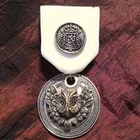 Owl & Crest: Wise Rule - Golden Medal / Award on Heraldic Blue and Green Ribbon with Pin Backing