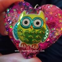 One of a Kind Owl Necklace, Unique Resin Glitter Heart  Pendant Necklace by isewcute
