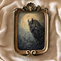 Owl Painting Moon Vintage Poster Cute Forestcore Wall Art Small Framed Oil Witch Night Gold Hand-Pai