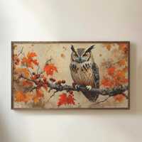 Vintage Autumn Owl Frame TV Art, Fall Botanical Illustration (Digital Download)