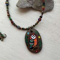 Hand painted owl necklace, folk art style, colourful pebble art, handmade