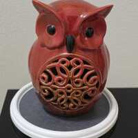 Large Ceramic Vintage Owl Figurine Red Glaze Flamb&eacute; Candelabra Lantern 12"