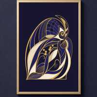 Midnight Navy Owl Print, Antique Gold Wall Art, Printable Owl Decor, Dark Academia Poster, Library W