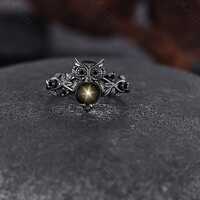 Owl Black Star Sapphire Ring Gothic Engagement Ring Black Spinel Cluster Ring Nature Inspired Promis