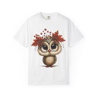 Autumn Leaf Owl T-Shirt | Cute Big-Eyed Owl with Fall Leaves