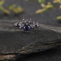 Black Owl Ring with Blue Sandstone, Gothic Leaf Branch Purple Amethyst Ring, Dark Witchy Night Bird 