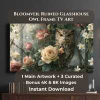 Bloomveil Ruined Glasshouse Owl Frame TV Art 4K 8K, Moody Botanical Owl Digital Download, 1 Main + 3