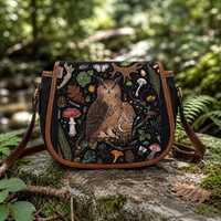 Forest Owl Crossbody Saddle Bag, Witchy Woodland Purse, Mushroom Fern Owl Shoulder Bag, Dark Cottage