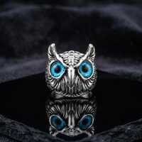 Vintage Silver Owl Ring, Blue Eyes, Gothic Statement Animal Jewelry