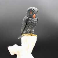 Natural Black Obsidian Handcrafted Owl Carving, On A White Aragonite Base.