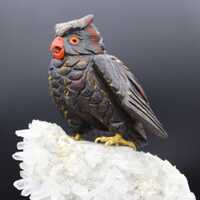 Australian Tiger Eye Mara Mamba Handcrafted Owl Carving On Pointy Quartz Base.