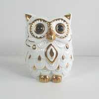Vintage 1980s Monti Fiero, Glazed Porcelain 5" Owl Figurine, White, Gold Details, Designed in S