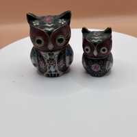 Vintage Cloisonn&eacute; Owl Figurines Pair Chinese Enamel Brass Miniature Owls Floral