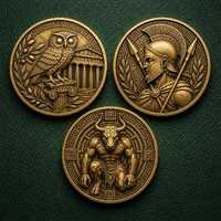 Spartan Owl Minotaur Coin, Greek Mythology Set, Ancient Warrior Medallion, Labyrinth Monster Token, 
