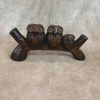 Vintage Hand Carved Wooden Owl Family Sculpture on Branch | Mid Century Boho Woodland Decor | Three 