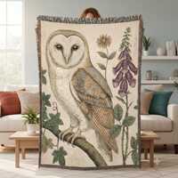 Barn Owl Woodland Woven Throw Blanket, Cottagecore Nature Tapestry, 100% Cotton Bedding