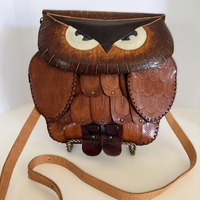 Vintage Tooled Leather Owl Handbag Whimsical Brown Leather Crossbody Purse Boho Bag