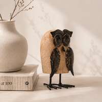 Handcrafted Wooden Owl Figurine | Rustic Black Accents, Boho Shelf Decor