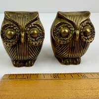 Vintage Small Brass Owl Figurines Pair of Two MCM Matching 2 x 2.25 in