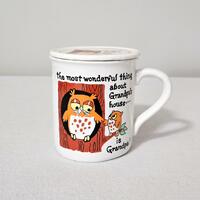 Vintage JSNY Grandpa's House Owl Mug With Lid Coaster, Novelty Grandfather Ceramic Coffee Cup
