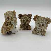 Vintage Seashell Encrusted Owl Bear Figurine Set 3 Coastal Folk Art Boho